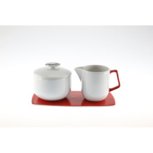 Porcelain milk jug and sugar bowl with saucer, red dark gray accents, 3 pieces
